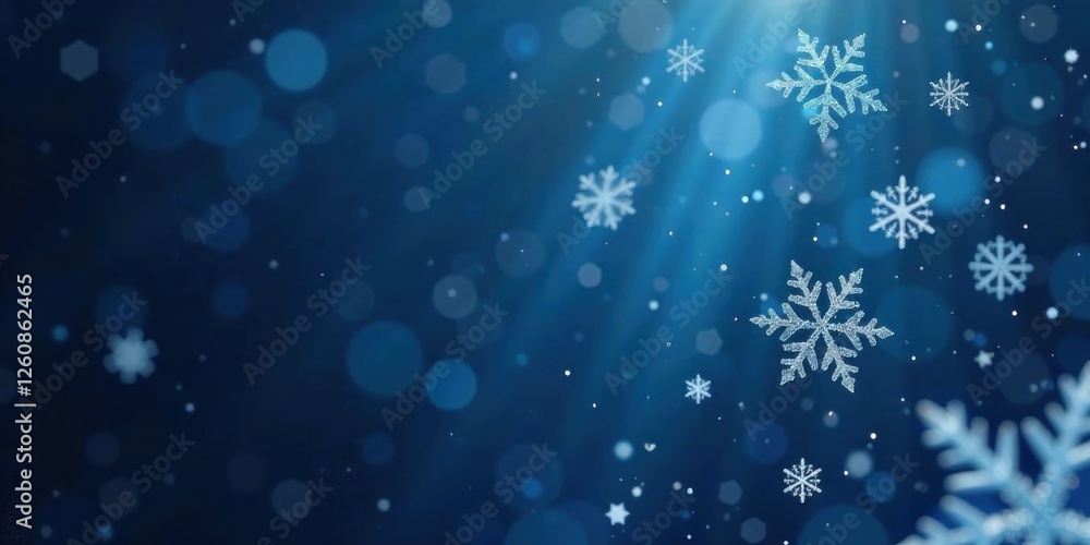 Serene Winter Wonderland Sparkling Snowflakes Falling on a Deep Blue Background with Soft Bokeh Lights and Gentle Rays of Light Serene Winter Wonderland Sparkling Snowflakes Falling on a Deep Blue Background with Soft Bokeh Lights and Gentle Rays of Light