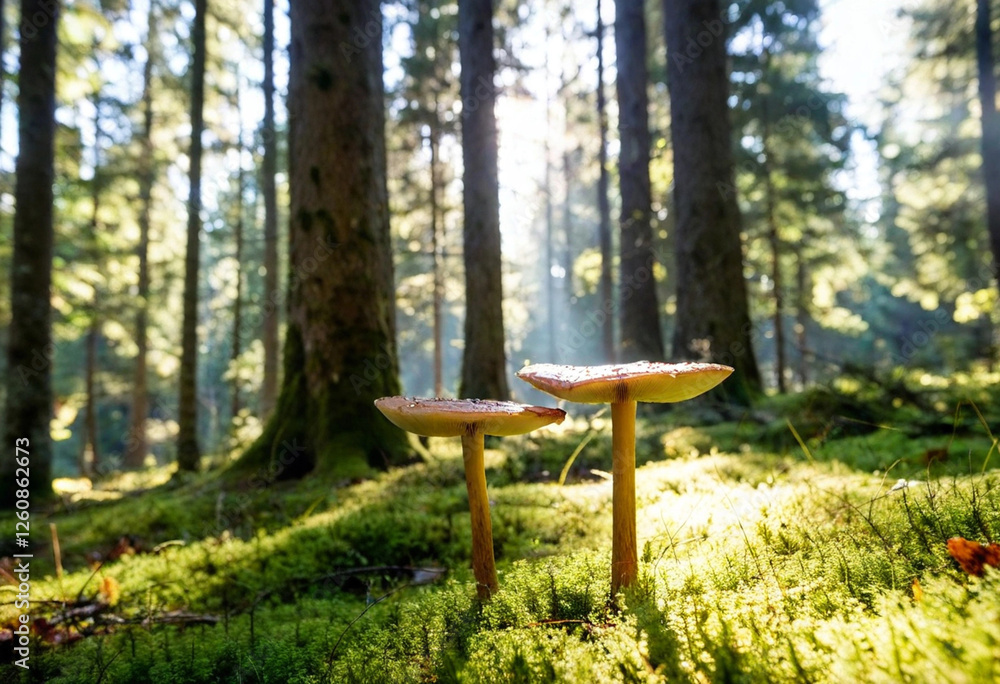 Naklejka premium A low-angle shot of towering, glowing mushrooms in a misty forest, with beams of sunlight breaking through the dense canopy above. The forest floor is covered in shimmering, bioluminescent moss and sm