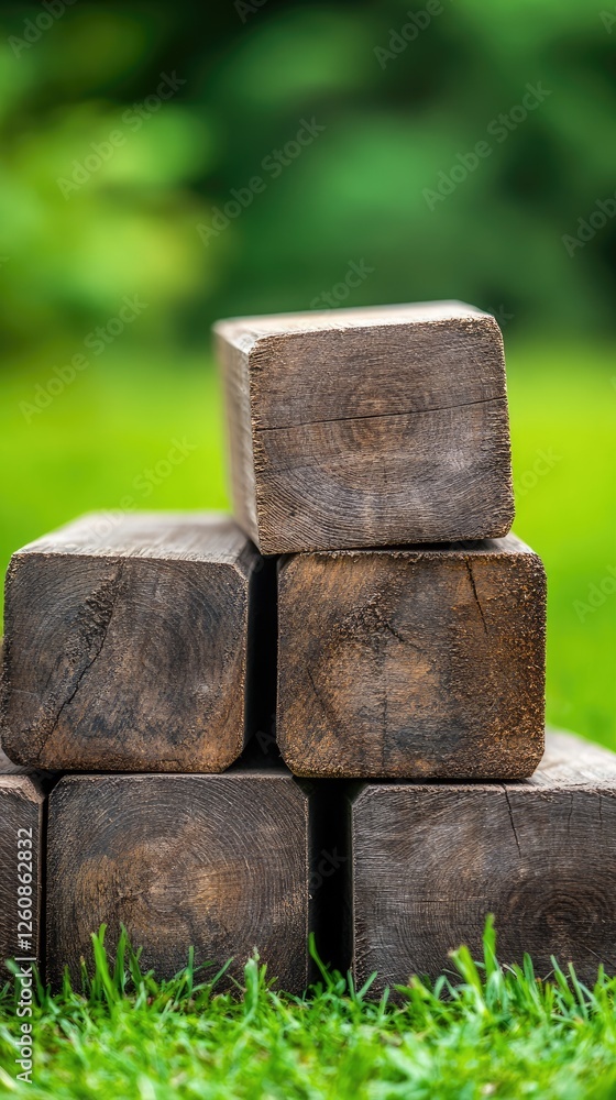 Close-up view of thick wooden planks piled on green grass, ideal as building materials for construction or garden repairs Close-up view of thick wooden planks piled on green grass, ideal as building materials for construction or garden repairs