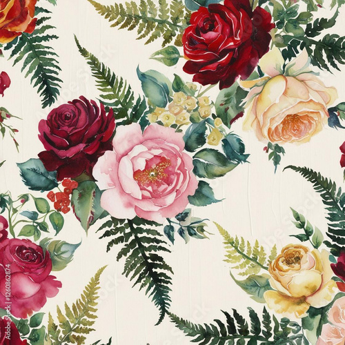  beautiful vibrant A watercolor floral pattern with roses and ferns
