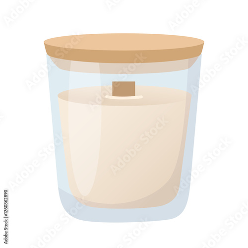 Candle in glass jar with a wooden wick in cartoon flat style. Design elements for home decor, Valentines Day, wedding, bachelorette party.