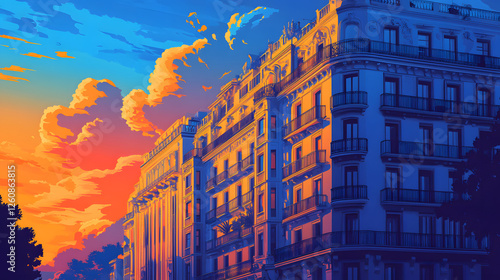 A stunning illustration of Madrid's iconic architecture, featuring the beautiful buildings
