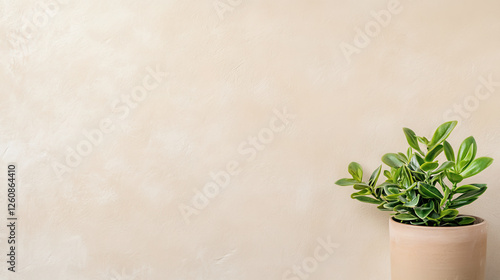 Wallpaper Mural Minimalist interior design with textured beige wall and small potted plant for home decor Torontodigital.ca