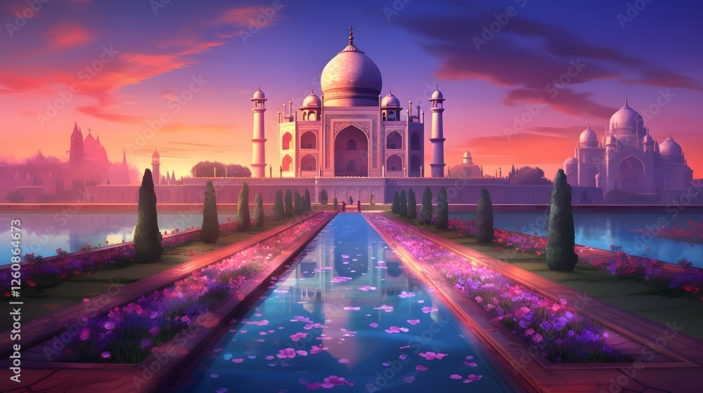 Obraz premium Majestic Taj Mahal at Sunset Serene Gardens Reflecting Pool Architectural Wonder