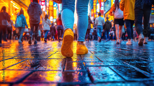 Urban nightlife scene with yellow sneakers on wet pavement. Neon lights reflection in rain puddles with blurred crowd walking at commercial district. Vibrant evening atmosphere with blue and orange photo