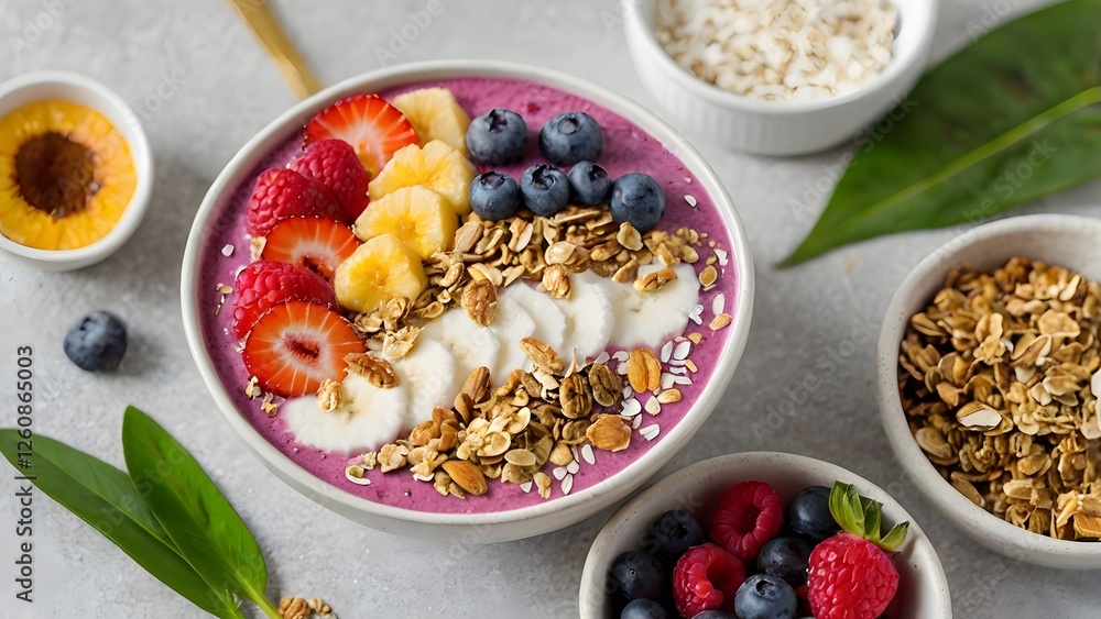 Healthy Breakfast Smoothie Bowl with Fresh Fruits and Granola
Healthy Breakfast Smoothie Bowl with Fresh Fruits and Granola