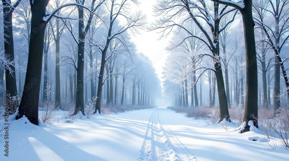 Fototapeta premium Serene Winter Wonderland Snow-Covered Path Through a Frost-Kissed Forest of Tall Trees