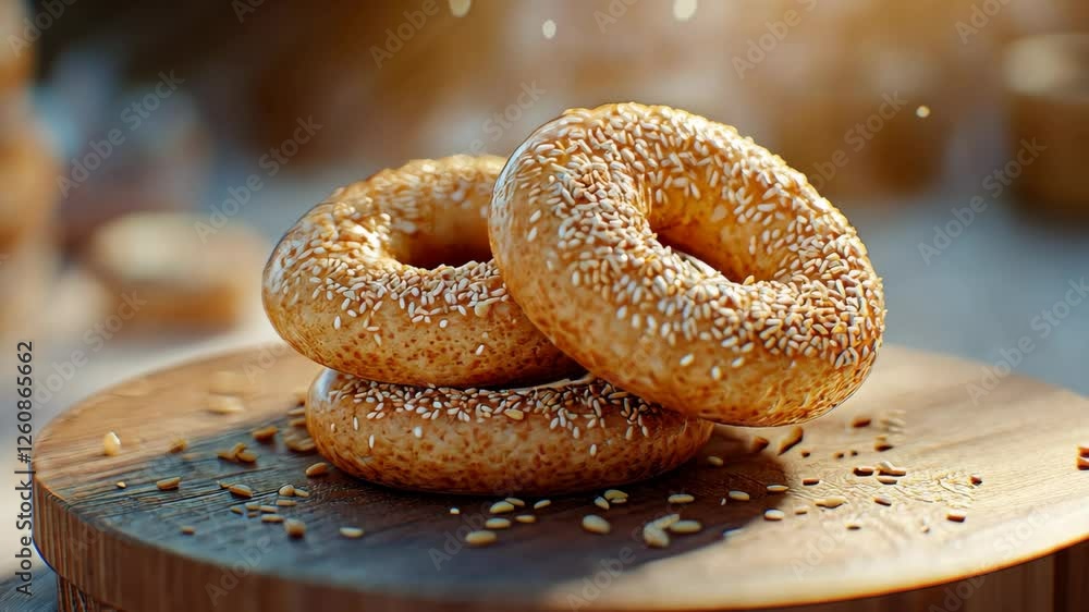 Freshly baked sesame bagels displayed on a wooden board at a morning market in a sunny outdoor setting Freshly baked sesame bagels displayed on a wooden board at a morning market in a sunny outdoor setting