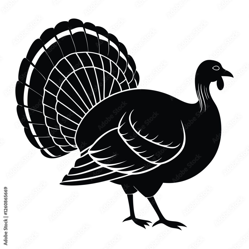 A silhouette of a turkey bird standing proudly, with its fan-shaped tail feathers spread wide and its distinctive head and body outlined in a dark, solid shape. A silhouette of a turkey bird standing proudly, with its fan-shaped tail feathers spread wide and its distinctive head and body outlined in a dark, solid shape.