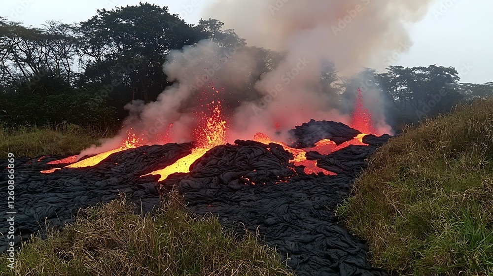 Fototapeta premium Volcanic eruption lava flow near trees