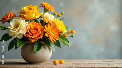 Wallpaper Mural A delightful arrangement of vibrant orange and yellow roses, gerbera daisies, and button flowers, artfully displayed in a rustic earthenware vase, sits elegantly on a weathered wooden surface. Torontodigital.ca