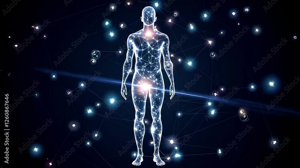 Glowing human body energy field visualization with network of interconnected nodes and subtle particle effects, isolated on a dark background, in slow motion Glowing human body energy field visualization with network of interconnected nodes and subtle particle effects, isolated on a dark background, in slow motion