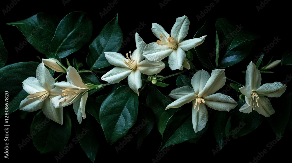 Fototapeta premium Beautiful white flowers with lush green leaves arranged artfully on a dark background