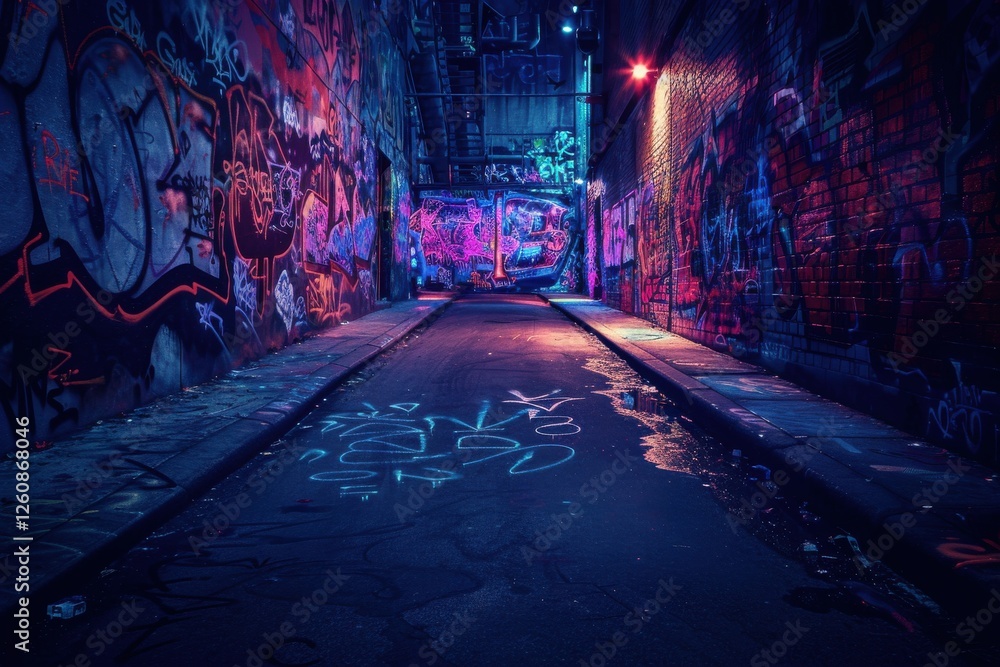 Vibrant graffiti art adorns this dark street's walls asphalt abstract backdrop glowing tags add rebellious flair street art theme.