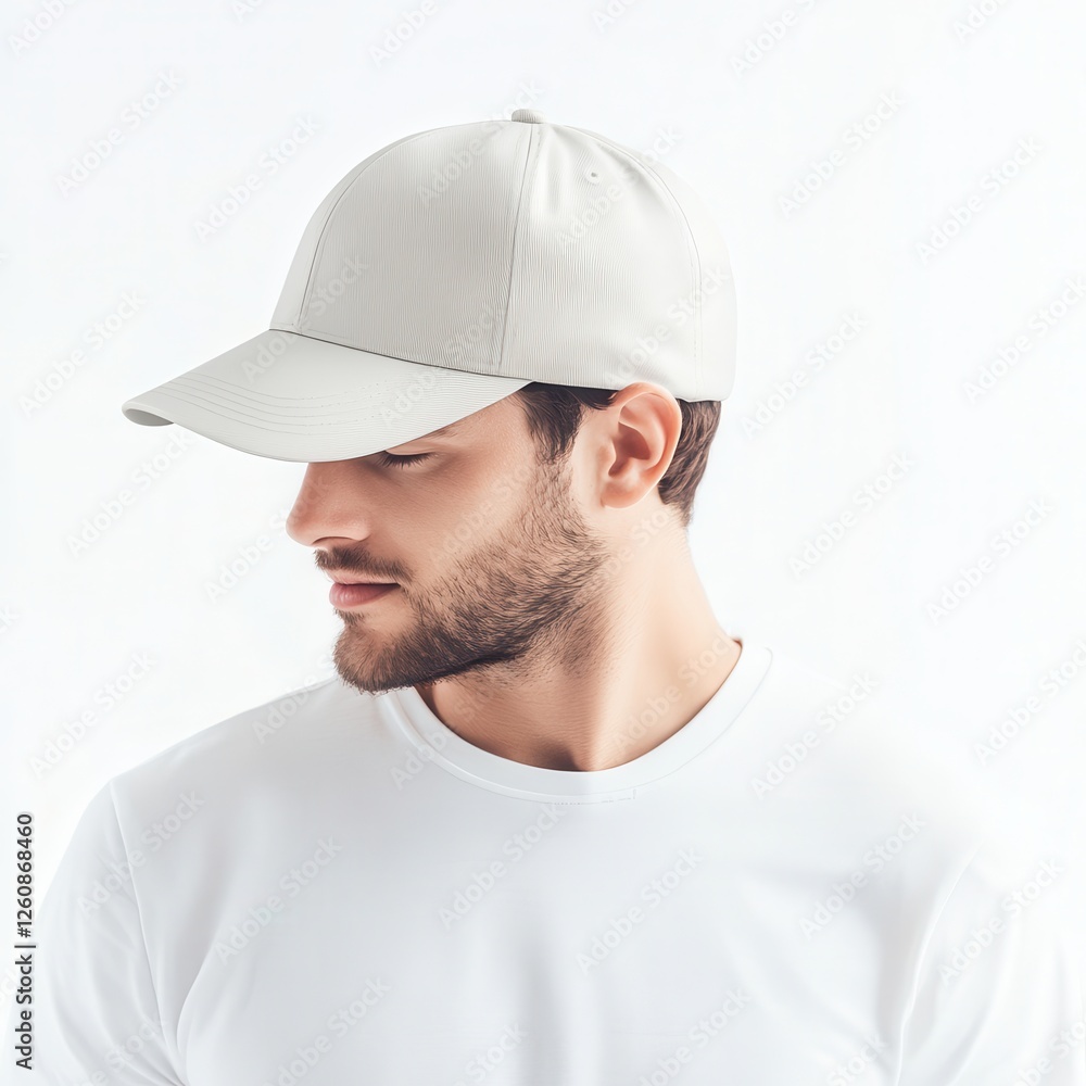 Baseball cap mockup concept. Young man wearing a light baseball cap and a white shirt, looking to the side against a bright background. Baseball cap mockup concept. Young man wearing a light baseball cap and a white shirt, looking to the side against a bright background.