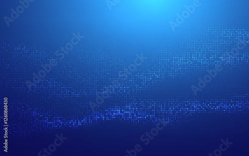 Finance background blue. Vector tech finance halftone technology background. Abstract digital wave background with glowing blue dots forming a futuristic pattern on a dark blue gradient backdrop.