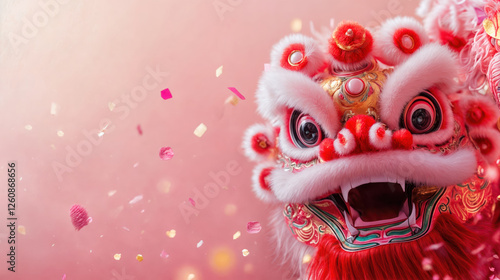 Chinese lion dance celebrating lunar new year with falling confetti on pink background photo