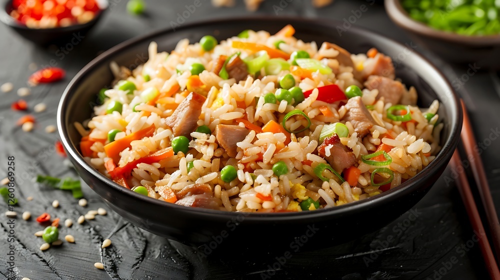 Chinese fried rice with pork and vegetables in a bowl on a black background Chinese fried rice with pork and vegetables in a bowl on a black background