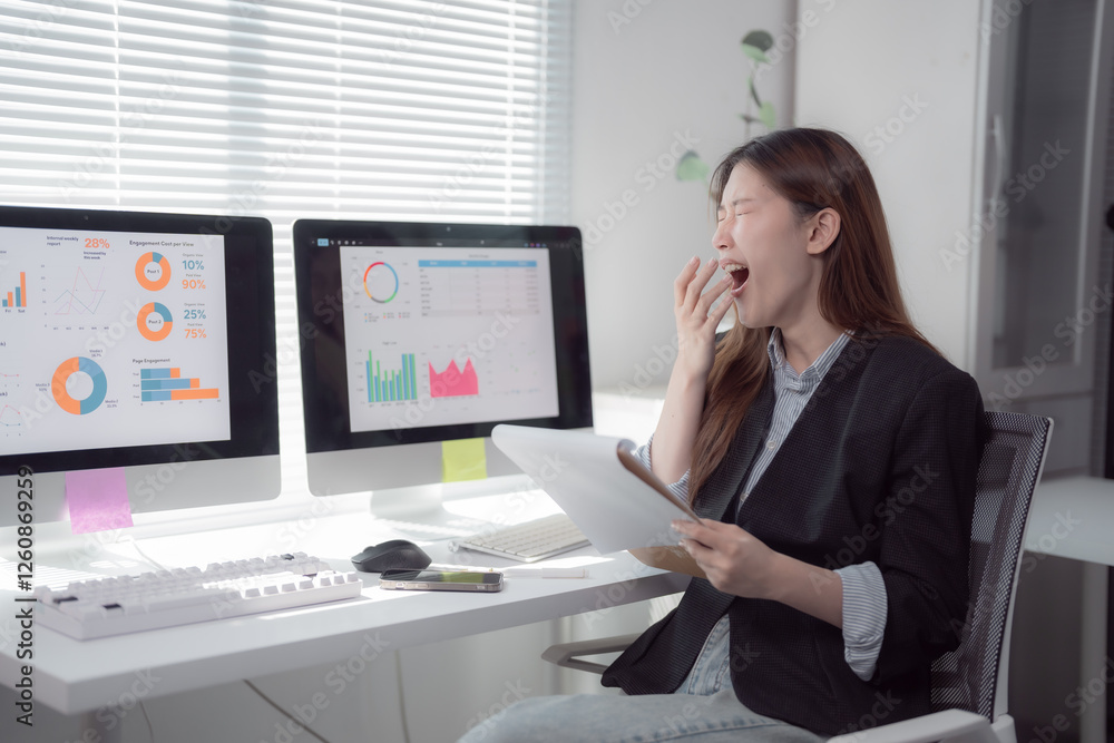Businesswoman yawning while reading a report in her office, reflecting signs of tiredness and boredom from long hours of work and the pressures of looming deadlines Businesswoman yawning while reading a report in her office, reflecting signs of tiredness and boredom from long hours of work and the pressures of looming deadlines