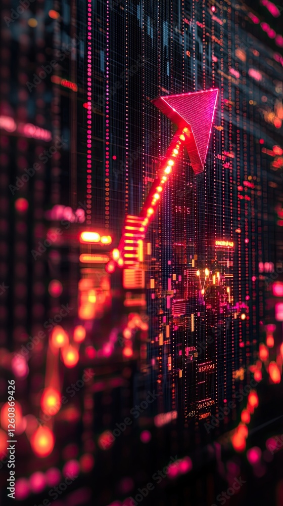 Vibrant upward trend represented by digital data visualizations in a technology-themed environment