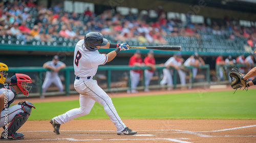 A focused baseball player swings his bat during a match, showcasing athleticism and precision as fans cheer in the background, capturing the essence of competitive sports.