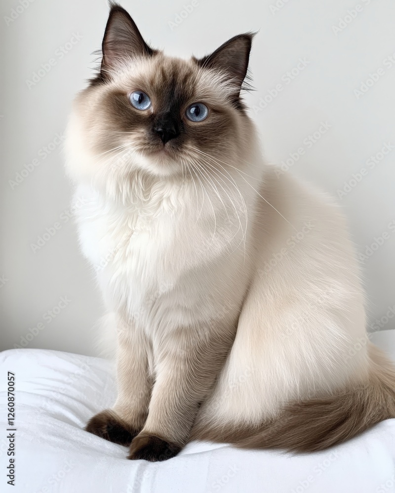 A brown and white cat with blue eyes sits on a white surface A brown and white cat with blue eyes sits on a white surface