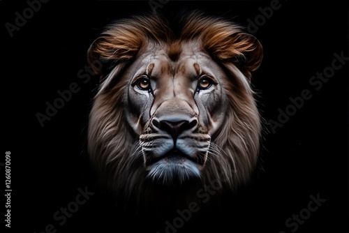 A black and white photo of a lions face in the night