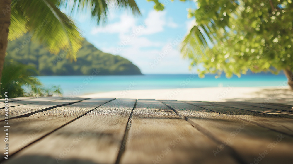 Fototapeta premium A picturesque view of a tranquil beach framed by lush palm leaves, featuring soft wooden decking and clear blue waters, inviting relaxation and escape.