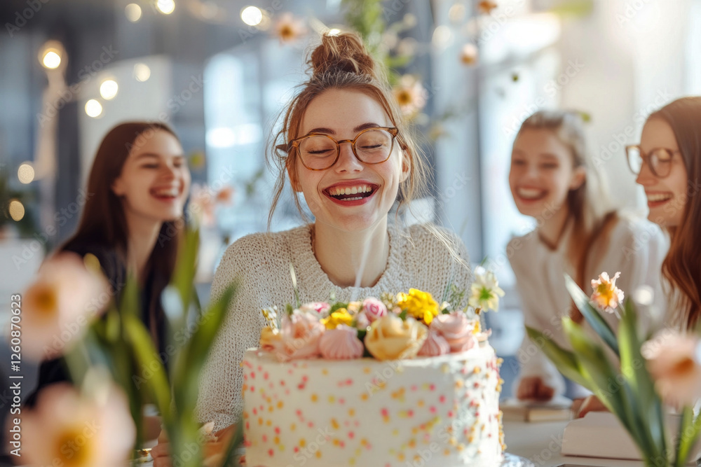 Fototapeta premium A female team celebrates March 8 at work with a decorated cake and flowers, creating a festive atmosphere in a modern office setting