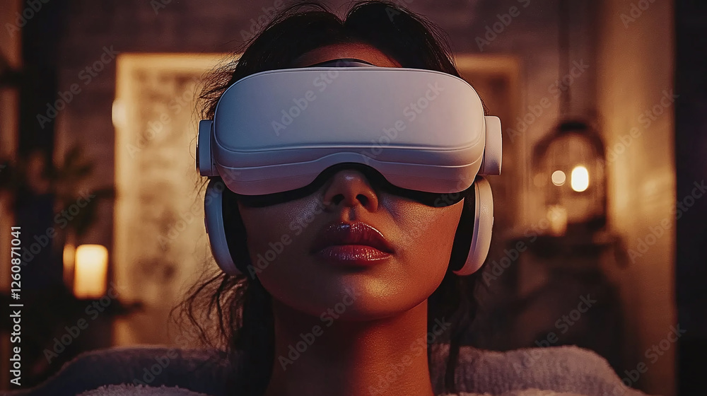 Woman immersed in virtual reality. The glow from the headset reflects on her face, hinting at an engaging digital world. The soft lighting adds warmth. Woman immersed in virtual reality. The glow from the headset reflects on her face, hinting at an engaging digital world. The soft lighting adds warmth.