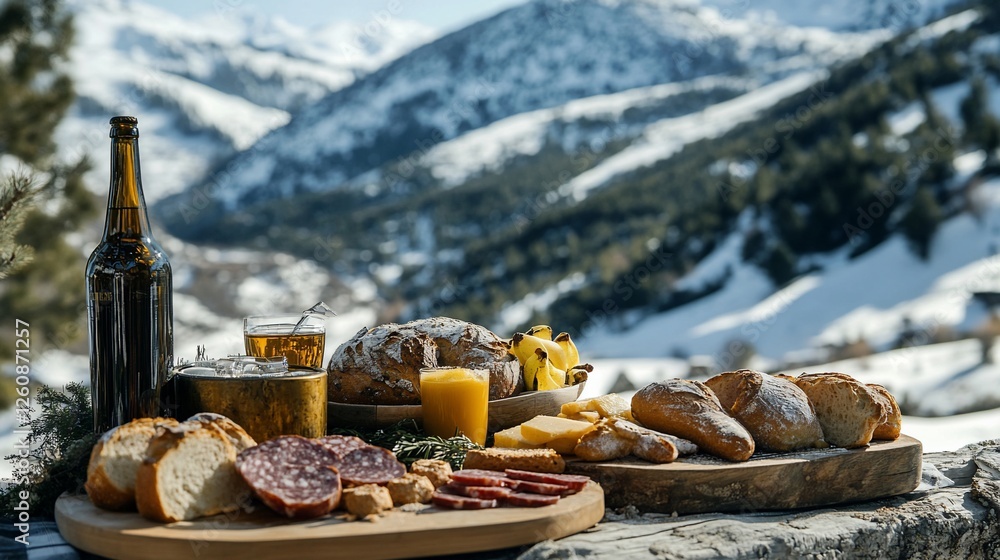 Fototapeta premium Mountain picnic Bread, cheese, salami, beer. Winter snow scenery