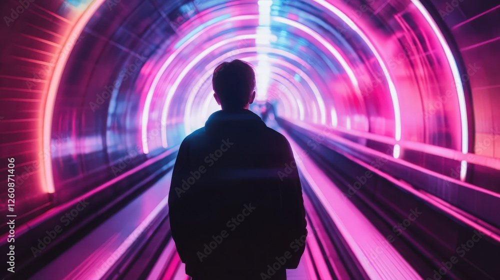 A lone figure walking through vibrant neon tunnel of light and color A lone figure walking through vibrant neon tunnel of light and color