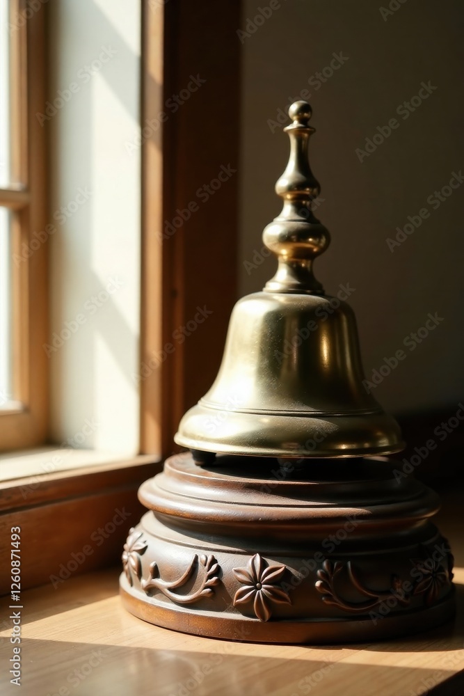 Ornate brass bell on a wooden base sits in sunlit window