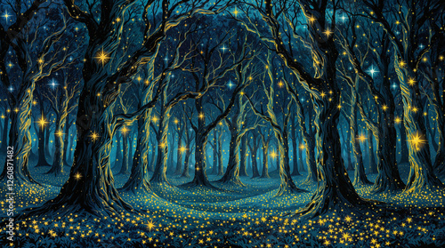 Surreal abstract painting of a forest at night where the trees glow from within, their swirling bark . The stars nest in the branches, pulsing like fireflies trapped in time