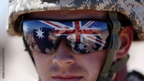 Soldier wearing sunglasses reflecting Australian flag during military operation in arid landscape