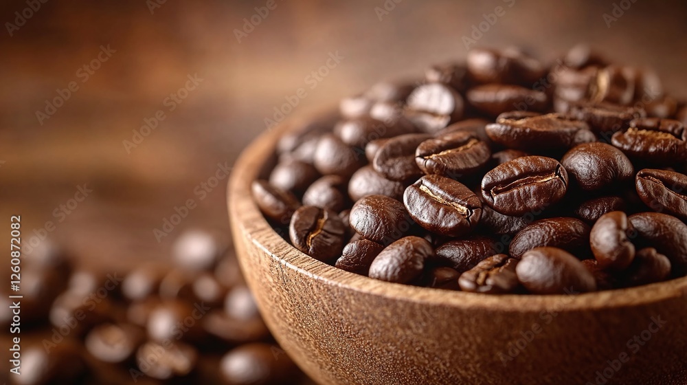 Fototapeta premium high-quality roasted coffee beans resting on a rustic wooden surface with empty space for text, highlighting the essence of fresh brewing, aroma, and smooth taste