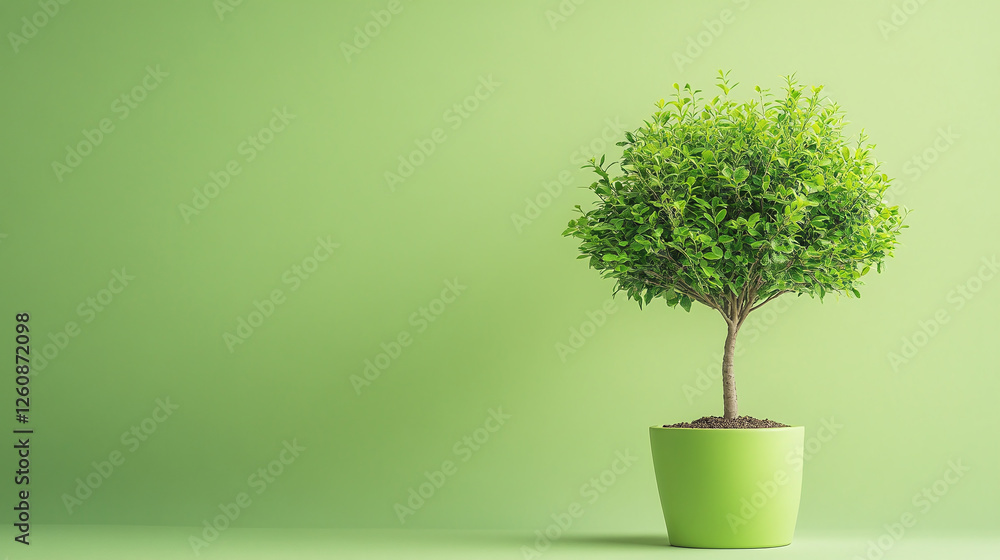 Obraz premium Small tree in pot on light green background with copy space for text, environment protection concept.