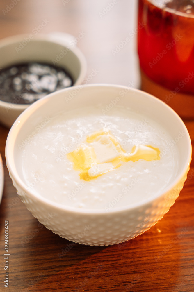 Breakfast porridge in a round bowl. Breakfast porridge in a round bowl.