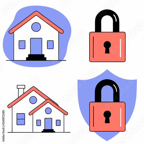 Colorful Vector Icons of Houses and Locks for Home Safety and Security Concepts