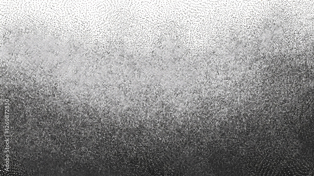 Naklejka premium Grunge noise gradient texture. Dirty grain background. Dotted halftone overlay. Sand dusty distressed wallpaper. Grungy grit pattern. Black-white random dot texture for poster, banner, web