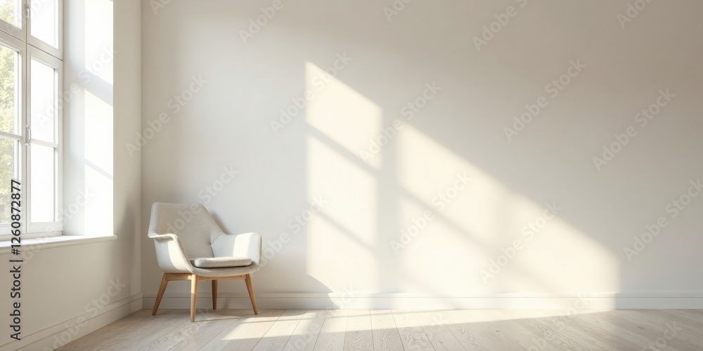 Fototapeta premium Serene Minimalist Interior Featuring a Single Armchair Bathed in Sunlight Against a Blank Wall