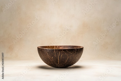 Unique handcrafted wooden bowl showcasing intricate grain patterns displayed against a neutral backdrop photo