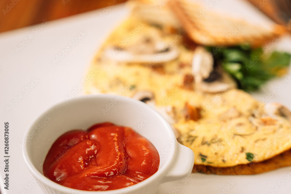 Omelette for breakfast with champignons and sauce. Omelette for breakfast with champignons and sauce.