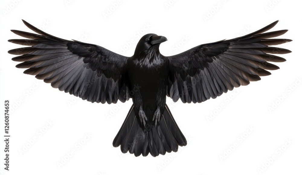 Naklejka premium Black Raven in Flight Against White Background