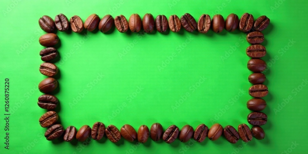 Obraz premium Roasted Coffee Beans Frame on Vibrant Green Background, Perfect for Your Beverage Advertisement or Culinary Design Project