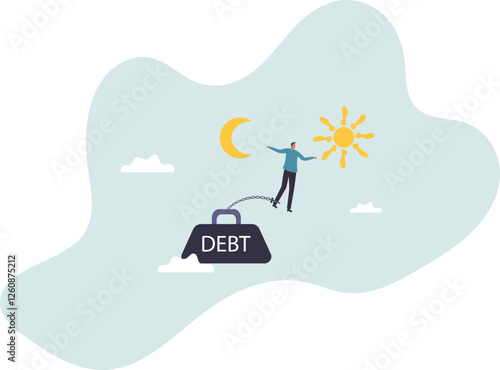 Debt crisis for salary man, working hard day until night making money to pay for debt of overspending habit.business concept.flat character.