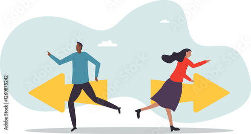 Different individual way, different business direction or team conflict, opposite decision,business concept.flat character.
