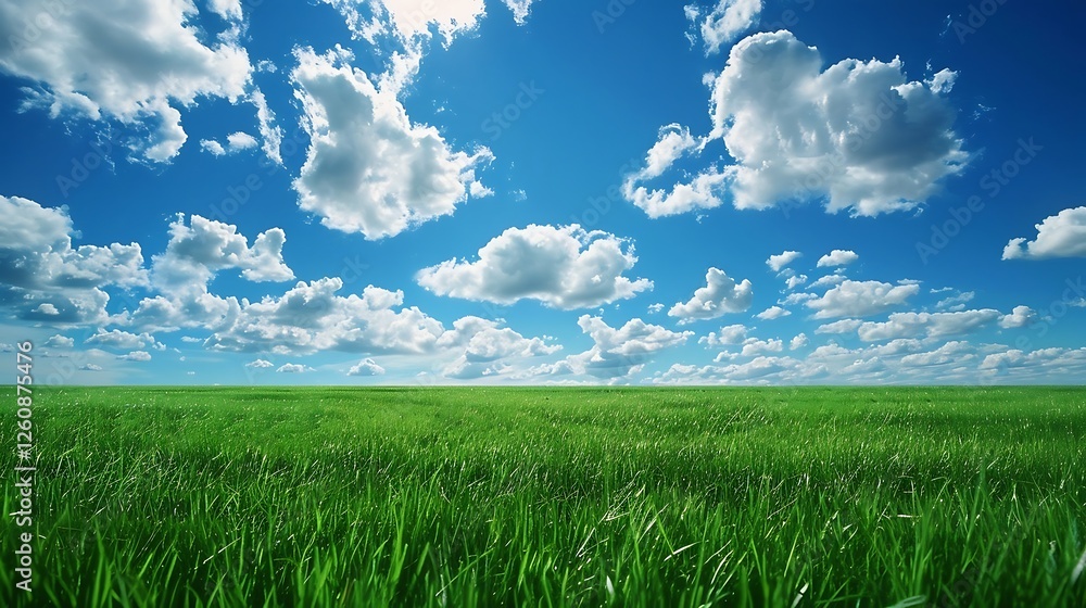 Obraz premium field of green grass and perfect blue sky with white clouds