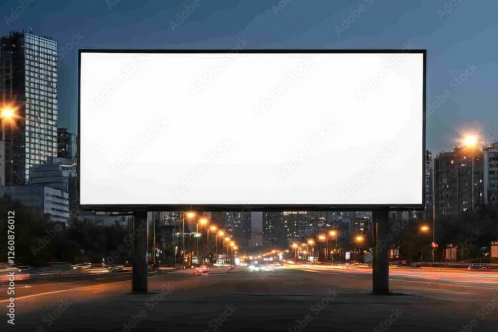 A blank billboard stands on a city street at night, surrounded by urban architecture and illuminated by streetlights. A blank billboard stands on a city street at night, surrounded by urban architecture and illuminated by streetlights.