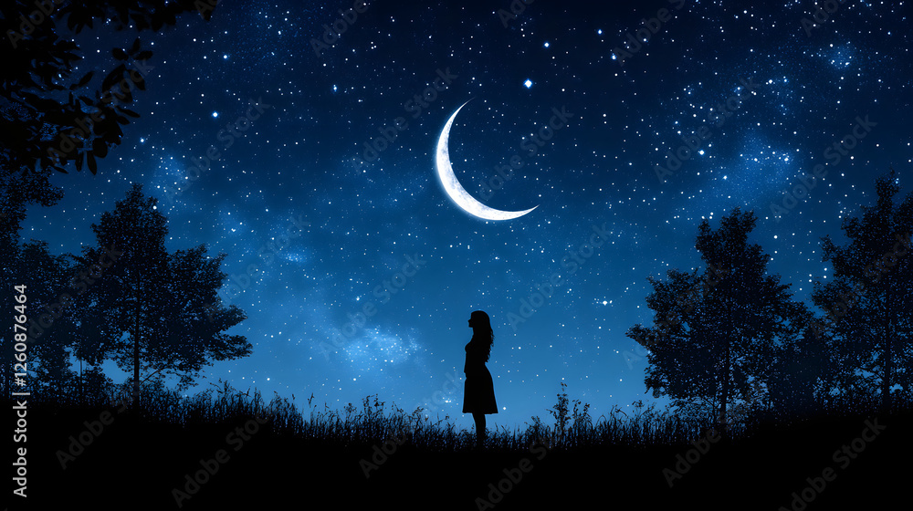 Mysterious Woman's Silhouette Embraced by a Star-Crowned Night Mysterious Woman's Silhouette Embraced by a Star-Crowned Night